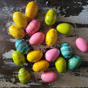 Lot Of 19 Solid Wood Easter Egg Ornaments In Bright Colors & Patterns